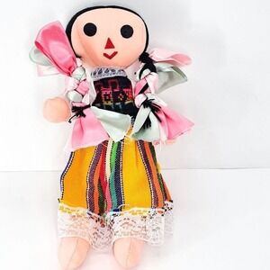 Mexican Folk‎ Art Doll Handmade Cloth Rag Vintage Rainbow Dress Pink Ribbon VTG